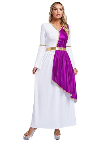Kvysinly Damen Griechische Göttin Kostüm Langarm Römische Kleid Toga Maxikleid Mittelalter Kleid Antike Ägypten Königin Halloween Fasching Kostüm Violett 3XL von Kvysinly