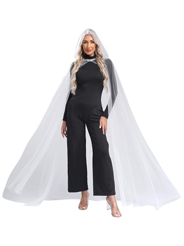 Kvysinly Damen Kapuzen Tüll Umhang Langer Cape Mantel Transparent Poncho Vintage Einfarbig Poncho Robe Halloween Kostüm Weiß L von Kvysinly