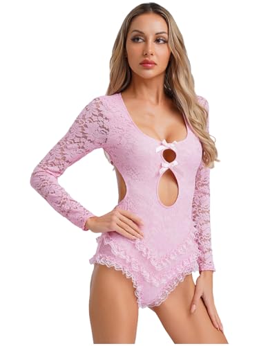 Kvysinly Damen Slim Fit Blumenspitzen Body Cut Out Jumpsuit Spitze Overall mit Schleife Frauen Kurz Einteiler Unterwäsche Nachtwäsche Rosa XL von Kvysinly