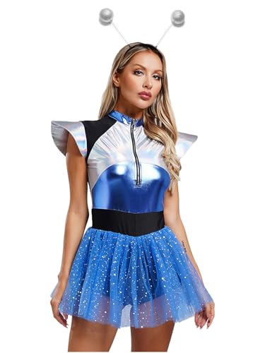 Kvysinly Damen Space Girl Alien Kostüm Fliegen Ärmel Pailletten Jumpsuit Kleid mit Haar Hoop Metallic Party Trikotkleid Blau XXL Kvysinly Damen Space Girl Alien Kostüm Fliegen Ärmel Pailletten Jumpsuit Kleid mit Haar Hoop Metallic Party Trikotkleid Blau XXL von Kvysinly
