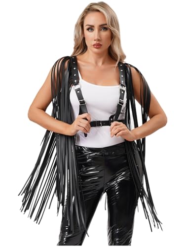 Kvysinly Fransen Harness Damen Unterhemd Lackiert Crop Top Mit Trägern Abendkleid Festival Outfit Clubwear Schwarz Einheitsgröße von Kvysinly