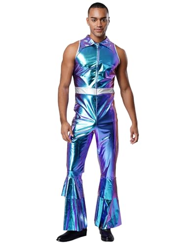 Kvysinly Glänzender Metallischer Anzug Für Herren er Jahre Disco Kostüm Holographisches Unterhemd Bodysuit Karneval Halloween Clubwear Blau M von Kvysinly