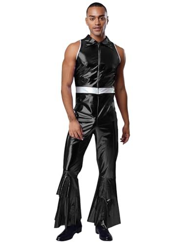 Kvysinly Glänzender Metallischer Anzug Für Herren er Jahre Disco Kostüm Holographisches Unterhemd Bodysuit Karneval Halloween Clubwear Schwarz XL von Kvysinly