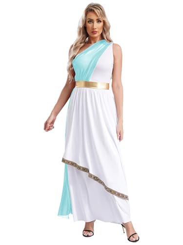 Kvysinly Griechische Göttin Kostüm Damen Eine Schulter Chiffon Halloween Römerin Kleid Lang Fasnacht Partykleid Hellblau XXL von Kvysinly
