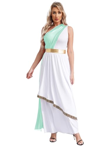 Kvysinly Griechische Göttin Kostüm Damen Eine Schulter Chiffon Halloween Römerin Kleid Lang Fasnacht Partykleid Minzgrün XL von Kvysinly