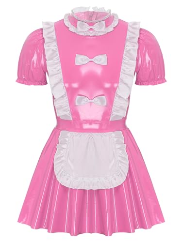 Kvysinly Herren Dienstmädchen Kostüm Lackleder Sissy Kleid Kurzarm French Maid UniformCosplay Halloween Outfits Rosa XXL von Kvysinly