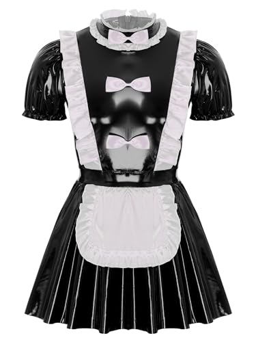 Kvysinly Herren Dienstmädchen Kostüm Lackleder Sissy Kleid Kurzarm French Maid UniformCosplay Halloween Outfits Schwarz XXL von Kvysinly