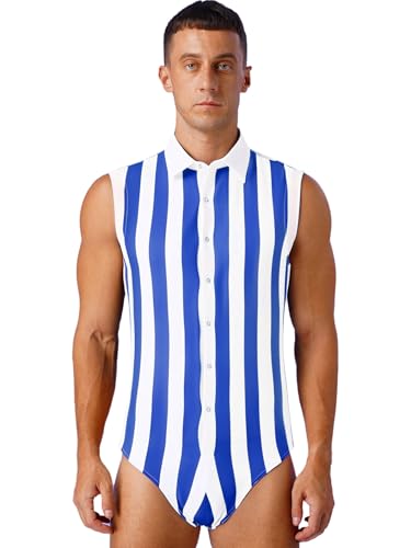 Kvysinly Herren Einteiler Body Revers Gestreift Bodysuit Ärmellos Nterhemd mit Frontknöpfe Männer Sport Fitness Leotard Blub&White XXL Kvysinly Herren Einteiler Body Revers Gestreift Bodysuit Ärmellos Nterhemd mit Frontknöpfe Männer Sport Fitness Leotard Blub&White XXL von Kvysinly
