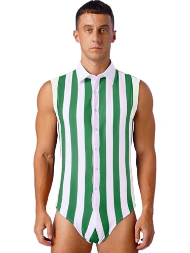 Kvysinly Herren Einteiler Body Revers Gestreift Bodysuit Ärmellos Nterhemd mit Frontknöpfe Männer Sport Fitness Leotard Grün Weiß 3XL Kvysinly Herren Einteiler Body Revers Gestreift Bodysuit Ärmellos Nterhemd mit Frontknöpfe Männer Sport Fitness Leotard Grün Weiß 3XL von Kvysinly