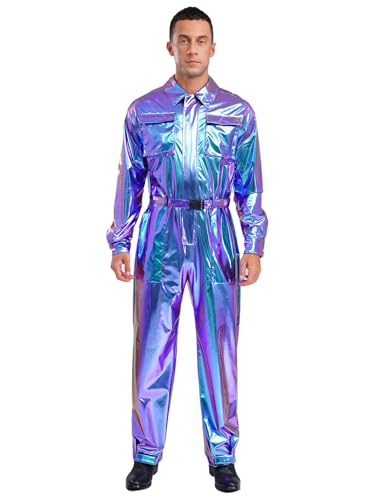 Kvysinly Herren Glänzende Jumpsuit Metallic Einteiliger Overall Hoher Taillenumfang Knöchel-Overall Mit Taillenband Halloween Kostüm Blau XXL von Kvysinly