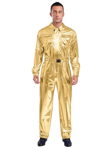 Kvysinly Herren Glänzende Jumpsuit Metallic Einteiliger Overall Hoher Taillenumfang Knöchel-Overall Mit Taillenband Halloween Kostüm Gold XXL von Kvysinly
