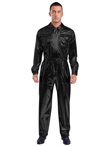 Kvysinly Herren Glänzende Jumpsuit Metallic Einteiliger Overall Hoher Taillenumfang Knöchel-Overall Mit Taillenband Halloween Kostüm Schwarz XXL von Kvysinly
