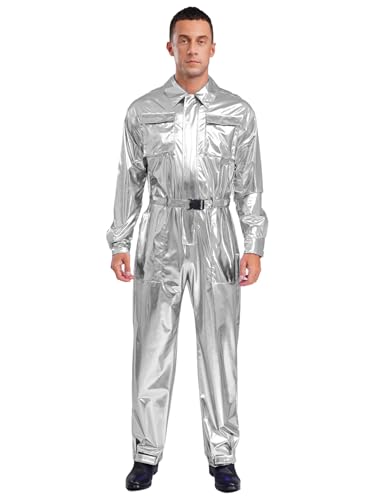Kvysinly Herren Glänzende Jumpsuit Metallic Einteiliger Overall Hoher Taillenumfang Knöchel-Overall Mit Taillenband Halloween Kostüm Silber XXL von Kvysinly
