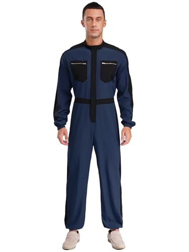 Kvysinly Herren Langarm Jumpsuit Einteiliger Overall Ganzkörper Arbeitsoverall Mechaniker Arbeitsmantel mit Taschen Arbeitskleidung Navy blau M von Kvysinly