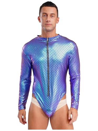 Kvysinly Herren Meerjungfrau Kostüm Langarm Bodysuit Stringbody Badeanzug Bauchweg Bikini Oberteil Badebekleidung Swimwear Violett 4XL von Kvysinly