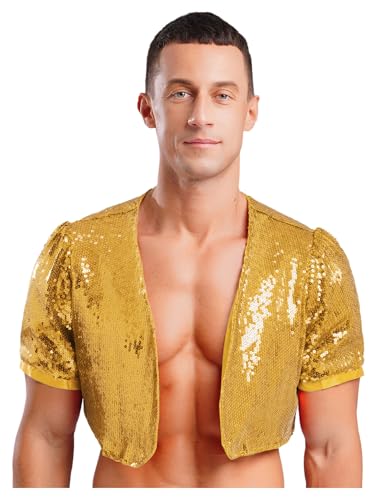 Kvysinly Herren Pailletten Offen Vorne Glänzend Cropped Oberbekleidung Sommer Crop Tops Kurzarm Tops Nachtclub Fasching Kostüm Gold 3XL von Kvysinly