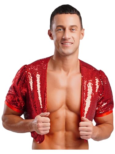 Kvysinly Herren Pailletten Offen Vorne Glänzend Cropped Oberbekleidung Sommer Crop Tops Kurzarm Tops Nachtclub Fasching Kostüm Rot XXL von Kvysinly