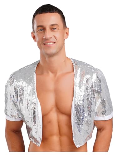 Kvysinly Herren Pailletten Offen Vorne Glänzend Cropped Oberbekleidung Sommer Crop Tops Kurzarm Tops Nachtclub Fasching Kostüm Silber XXL Kvysinly Herren Pailletten Offen Vorne Glänzend Cropped Oberbekleidung Sommer Crop Tops Kurzarm Tops Nachtclub Fasching Kostüm Silber XXL von Kvysinly