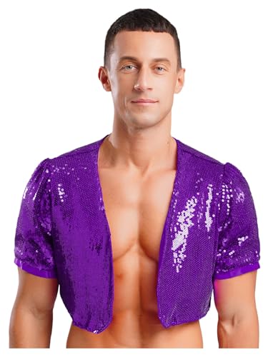 Kvysinly Herren Pailletten Offen Vorne Glänzend Cropped Oberbekleidung Sommer Crop Tops Kurzarm Tops Nachtclub Fasching Kostüm Violett 3XL von Kvysinly