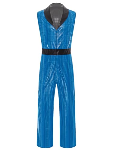 Kvysinly Herren Retro1920s Disco Kostüm Ärmellos Lapel V-neck Jumpsuit Metallic Shiny Plaid Bodysuit Gogo Party Clubwear Blau 3XL von Kvysinly
