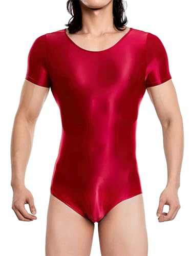Kvysinly Herren Wetlook Bodysuit Kurzarm Slim Fit Jumpsuit Glänzende Einteiliger Body Männer Workouts Sport Anzug Bademode Rot M von Kvysinly