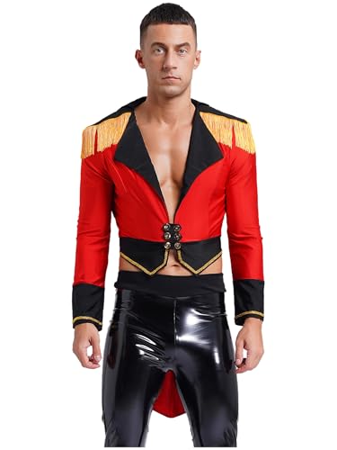Kvysinly Herren Zirkus Ringmaster Kostüm Langarm Tief V-Ausschnitt Tailcoat Steampunk Frack Mantel Fasching Rot XXL von Kvysinly
