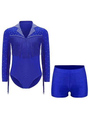 Kvysinly Jungen Glänzend Latein Tanzkostüm Langarm Leotard mit Quasten Kinder Strass Turnanzug und Shorts Gymnastikanzug A Blau 122-128 von Kvysinly