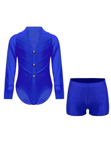 Kvysinly Jungen Glänzend Latein Tanzkostüm Langarm Leotard mit Quasten Kinder Strass Turnanzug und Shorts Gymnastikanzug B Blau 158-164 von Kvysinly