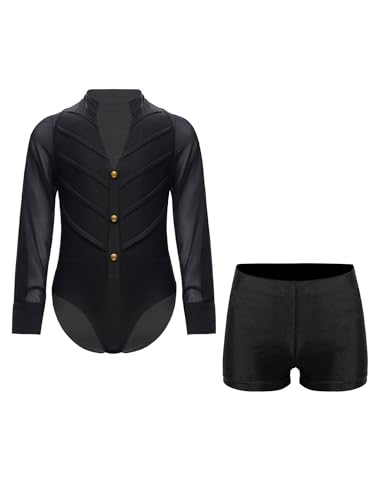 Kvysinly Jungen Glänzend Latein Tanzkostüm Langarm Leotard mit Quasten Kinder Strass Turnanzug und Shorts Gymnastikanzug B Schwarz 146-152 von Kvysinly