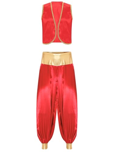 Kvysinly Männer Arabische Weste mit Arabische Satin Pumphose Zweiteiliger Halloween Kostüm Ärmellos Party Orient Outfit Burgund&Burgund XXL von Kvysinly