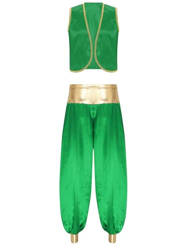 Kvysinly Männer Arabische Weste mit Arabische Satin Pumphose Zweiteiliger Halloween Kostüm Ärmellos Party Orient Outfit Grün&Grün M von Kvysinly