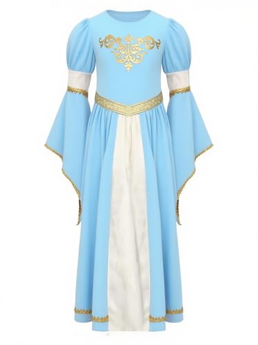 Kvysinly Mittelalter Kleid Renaissance Prinzessinnenkleid Für Mädchen Mit Langen Ärmeln Karneval Halloween Kostüm Partykleid Hellblau 158-164 von Kvysinly