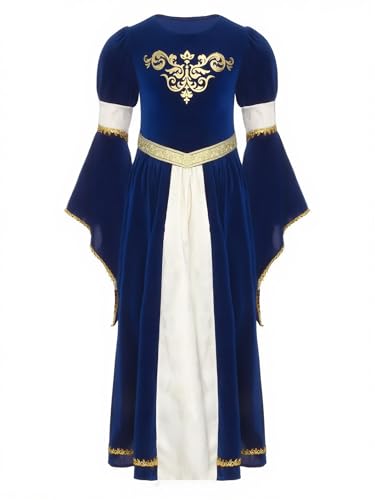 Kvysinly Mittelalter Kleid Renaissance Prinzessinnenkleid Für Mädchen Mit Langen Ärmeln Karneval Halloween Kostüm Partykleid Königsblau 158-164 von Kvysinly