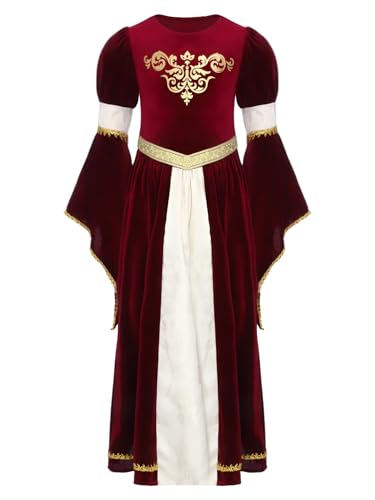 Kvysinly Mittelalter Kleid Renaissance Prinzessinnenkleid Für Mädchen Mit Langen Ärmeln Karneval Halloween Kostüm Partykleid Rot 146-152 von Kvysinly