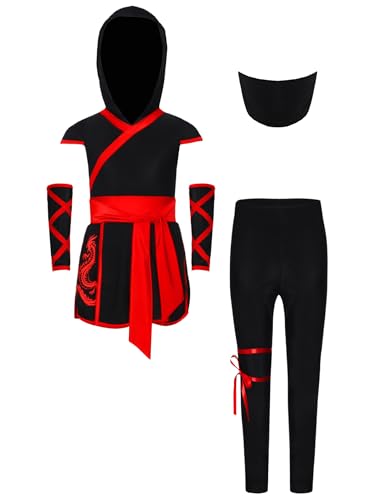 Kvysinly Ninja Kostüm Set Kinder Slim Fit Oberteil mit Elastischen Bund Hosen Kapuze Shirts mit Drachenaufdruck Cosplay Kostüm B Rot 158-164 von Kvysinly