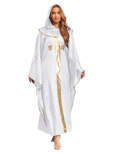 Kvysinly Priester Kostüm Damen Glänzende Thobe Langarm Priester Robe mit Kapuze Frauen Halloween Karneval Kostüm Gottesdienst Weiß XXL von Kvysinly