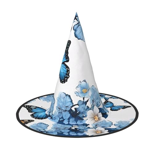 Kwjsdfea Blaue Schmetterlinge, weiße Blumen, vielseitiger Halloween-Hut, Hexenhut für Damen, Herren, Erwachsene, lustige und stilvolle Halloween-Party-Dekoration, 1 Stück von Kwjsdfea