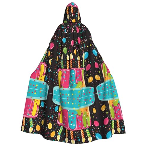Kwjsdfea Dicker Kapuzenumhang für Erwachsene, Unisex, Satin, Cosplay, Halloween, Weihnachten, Party, Faschingskostüme – Happy Birthday Big Cake Print von Kwjsdfea