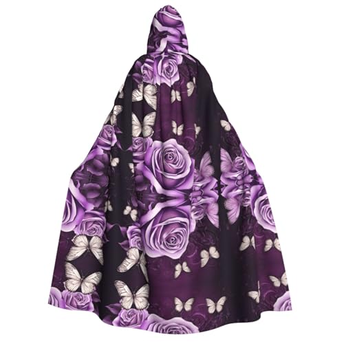 Kwjsdfea Dicker Kapuzenumhang für Erwachsene, Unisex, Satin, Cosplay, Halloween, Weihnachten, Party, Faschingskostüme – violetter Schmetterlings-Druck von Kwjsdfea
