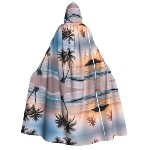 Kwjsdfea Dicker Kapuzenumhang für Erwachsene, Unisex, Satin, Cosplay, Halloween, Weihnachten, Party, Kostüm, Sonnenaufgang, tropische Palmeninsel-Druck von Kwjsdfea