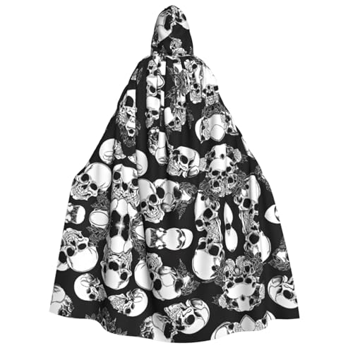 Kwjsdfea Dicker Kapuzenumhang für Erwachsene, Unisex, Satin, Cosplay, Halloween, Weihnachten, Party, Kostüm, schwarzer Totenkopf-Druck von Kwjsdfea
