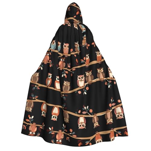 Kwjsdfea Dicker Kapuzenumhang für Erwachsene, Unisex, Satin, Cosplay, Halloween, Weihnachten, Party, Kostüme, niedlicher brauner Cartoon-Eulen-Druck von Kwjsdfea