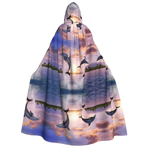 Kwjsdfea Dicker Kapuzenumhang für Erwachsene, Unisex, Satin, Cosplay, Halloween, Weihnachten, Party, Verkleidung – Sonnenuntergang Delfine von Kwjsdfea