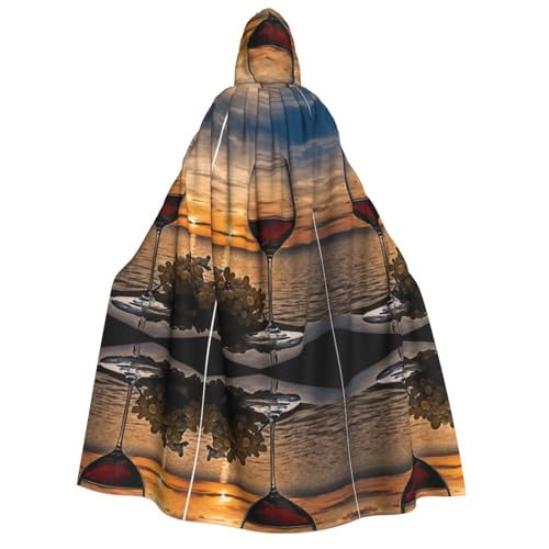 Kwjsdfea Dicker Kapuzenumhang für Erwachsene, Unisex, Satin, Cosplay, Halloween, Weihnachten, Party, Verkleidung – Sonnenuntergang Weinglas-Druck von Kwjsdfea
