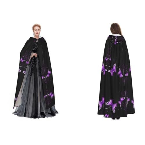 Kwjsdfea Kapuzenumhang für Erwachsene, Unisex, Satin, Cosplay, Halloween, Weihnachten, Party, Faschingskostüme – Schmetterling, lila bedruckt von Kwjsdfea