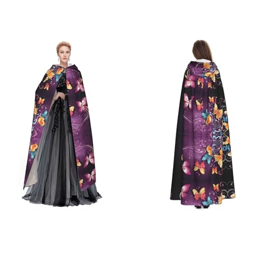 Kwjsdfea Kapuzenumhang für Erwachsene, Unisex, Satin, Cosplay, Halloween, Weihnachten, Party, Faschingskostüme – Schmetterlinge bedruckt von Kwjsdfea