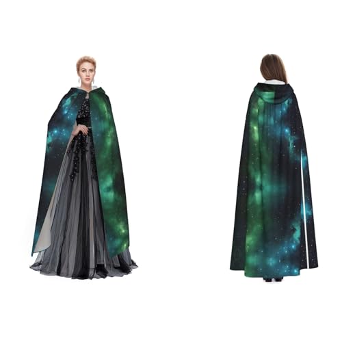 Kwjsdfea Kapuzenumhang für Erwachsene, Unisex, Satin, Cosplay, Halloween, Weihnachten, Party, Kostüm, Galaxie-Grün bedruckt von Kwjsdfea