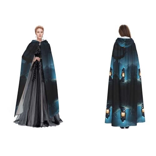 Kwjsdfea Kapuzenumhang für Erwachsene, Unisex, Satin, Cosplay, Halloween, Weihnachten, Party, Kostüm, Glühwürmchen und Laterne bedruckt von Kwjsdfea
