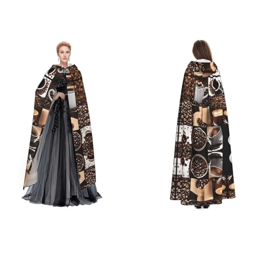 Kwjsdfea Kapuzenumhang für Erwachsene, Unisex, Satin, Cosplay, Halloween, Weihnachten, Party, Kostüm, Kaffee-Collage, bedruckt von Kwjsdfea