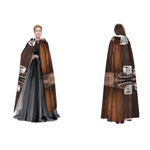 Kwjsdfea Kapuzenumhang für Erwachsene, Unisex, Satin, Cosplay, Halloween, Weihnachten, Party, Kostüm, Kaffeetasse und Kaffeebohnen bedruckt von Kwjsdfea